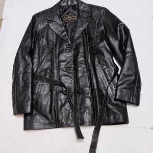 UNITY LEATHER black belted leather jacket, S